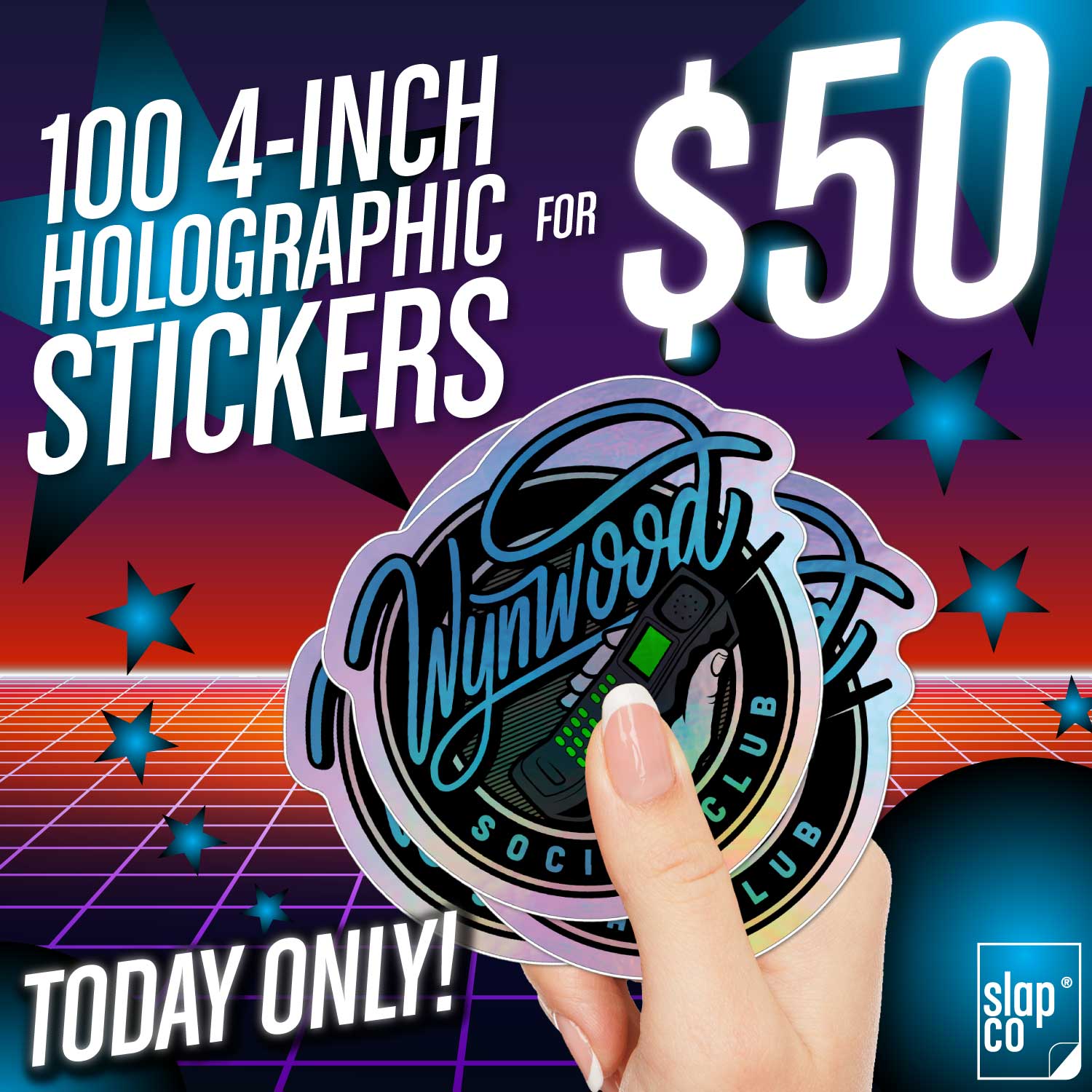 One Day Sticker Sale 100 4-inch Holographic Vinyl Stickers for $50 - Slapco
