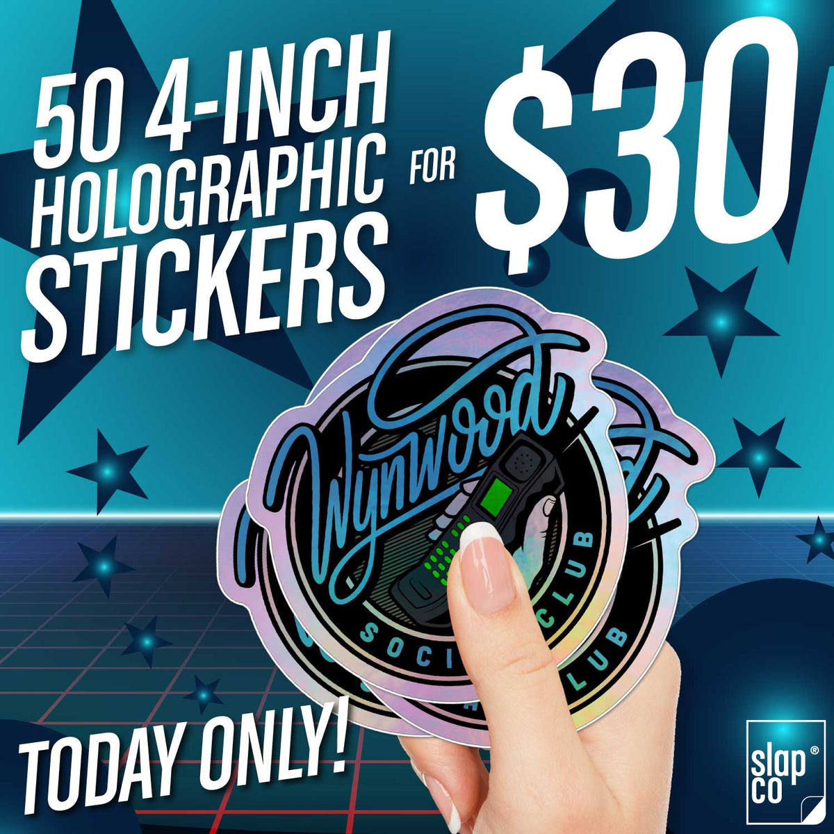 One Day Sticker Sale 50 4-inch Holographic Vinyl Stickers for $30 - Slapco